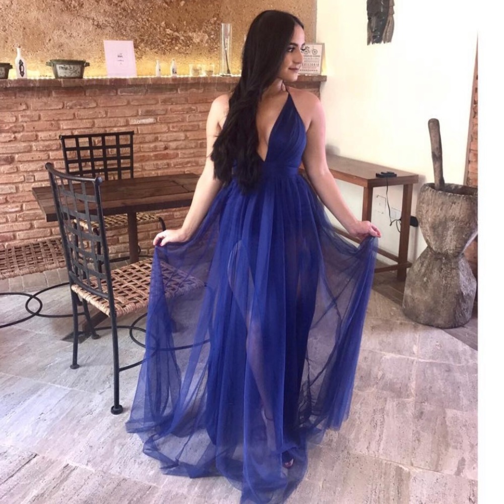 ROYAL BLUE TULLE GOWN PLUNGE DETAIL. Size Small
